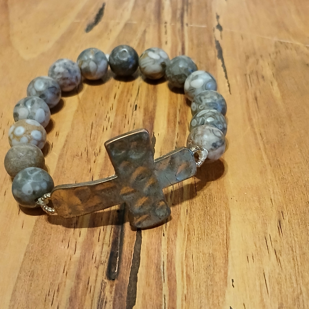 Stone Beaded Bracelet with Cross Charm